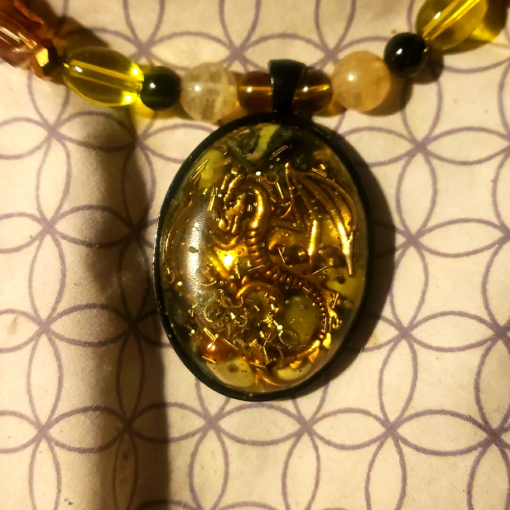 Dragon pendent semi precious stone and glass  necklace